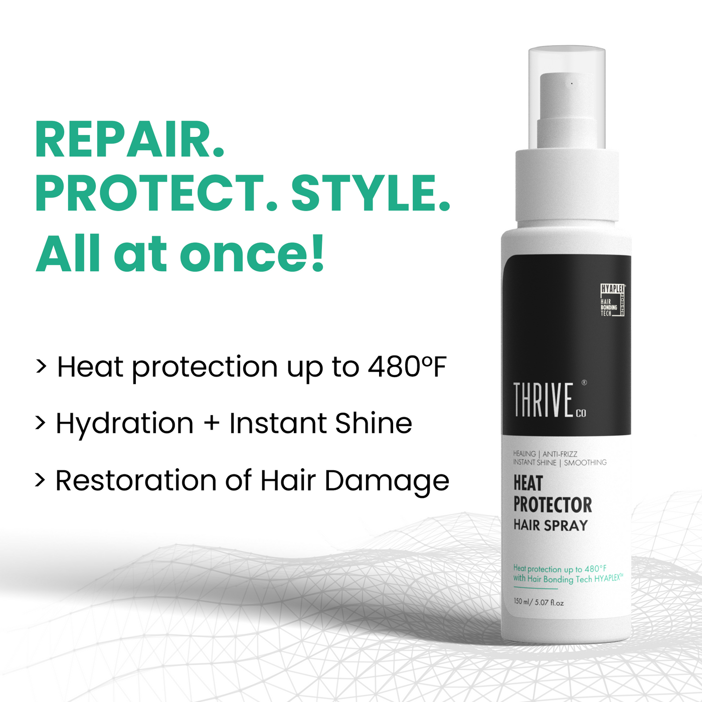 ThriveCo Heat Protector Hair Spray | Heat Protection Up To 480°F | Protects & Heals Hair From Damage Caused By Heat | With Bond-Building Technology Hyaplex™ | Gives Hydrating, Shiny & Smooth Look | For Men & Women | 150ml