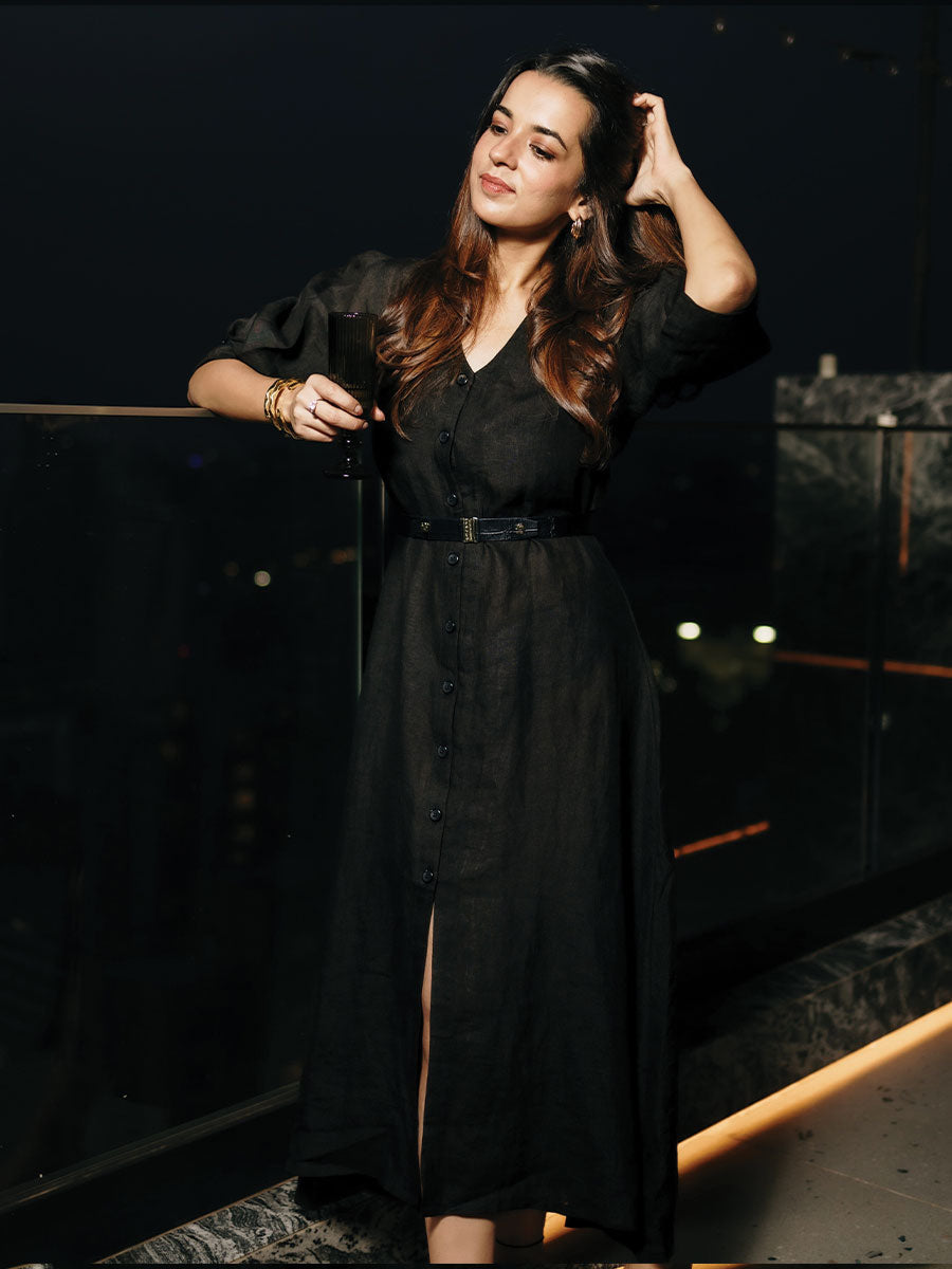 PUFFED SLEEVE MIDI LINEN DRESS