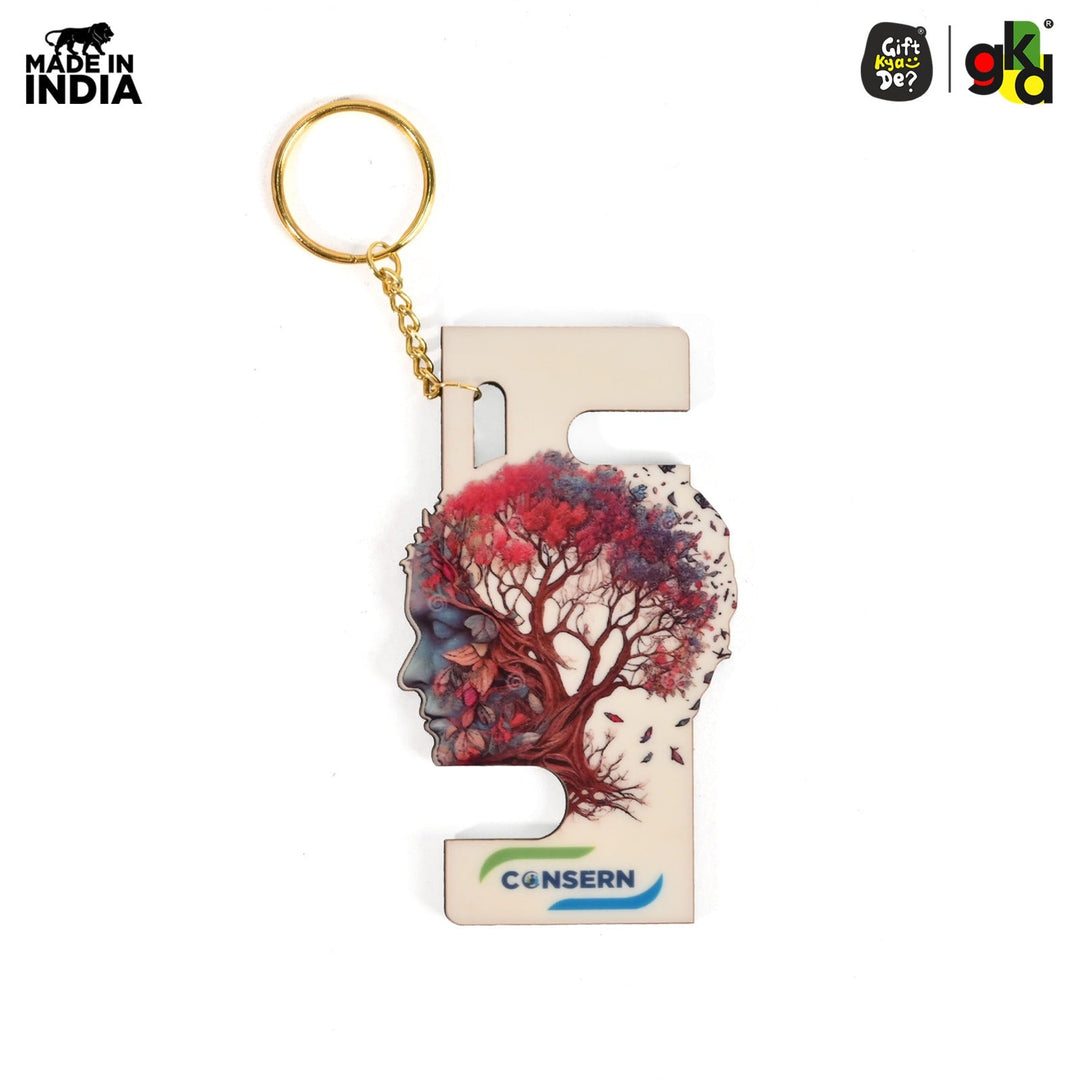 Gift Kya De Cellphone Stand with Keyring | Wooden Mobile Stand with 2 in 1 Style Watch Video Horizontal and Vertical | Premium Golden Keychain