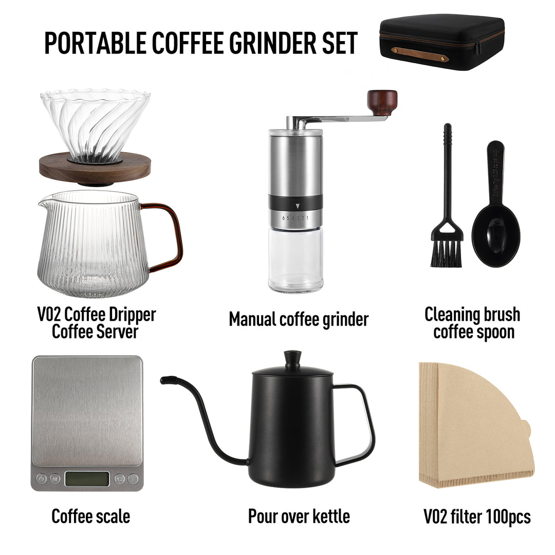 Pour Over Coffee Set with Travel Bag | Gooseneck Pour Over Kettle| Glass Dripper with Carafe| V02 Filter 100 Pcs | Manual Coffee Grinder | Weighing scale |Coffee Scoop with Cleaning Brush