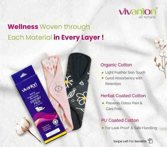 VIVANION Herbal Organic Cotton Re-Usable Sanitary Pads |Anti-Bacterial Coated | Bio Degradable | Pack of 2 | Combo Colors - 1 DAY PAD + 1 NIGHT PAD