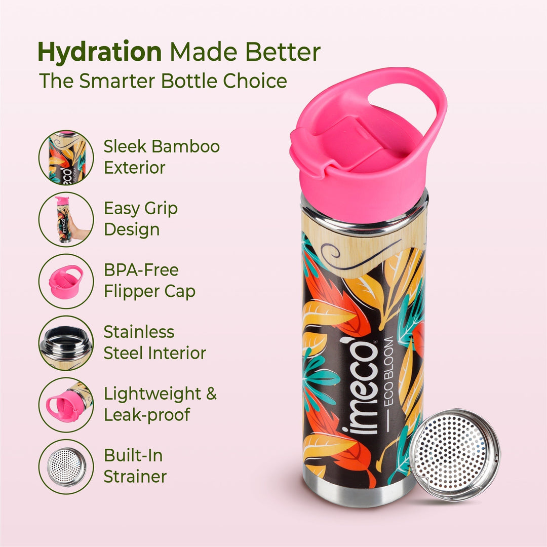 IMECO Printed Bamboo Bottle 450 ml - Leak & Rust Proof - Double-Wall Vacuum Insulated - For Adult & Kids