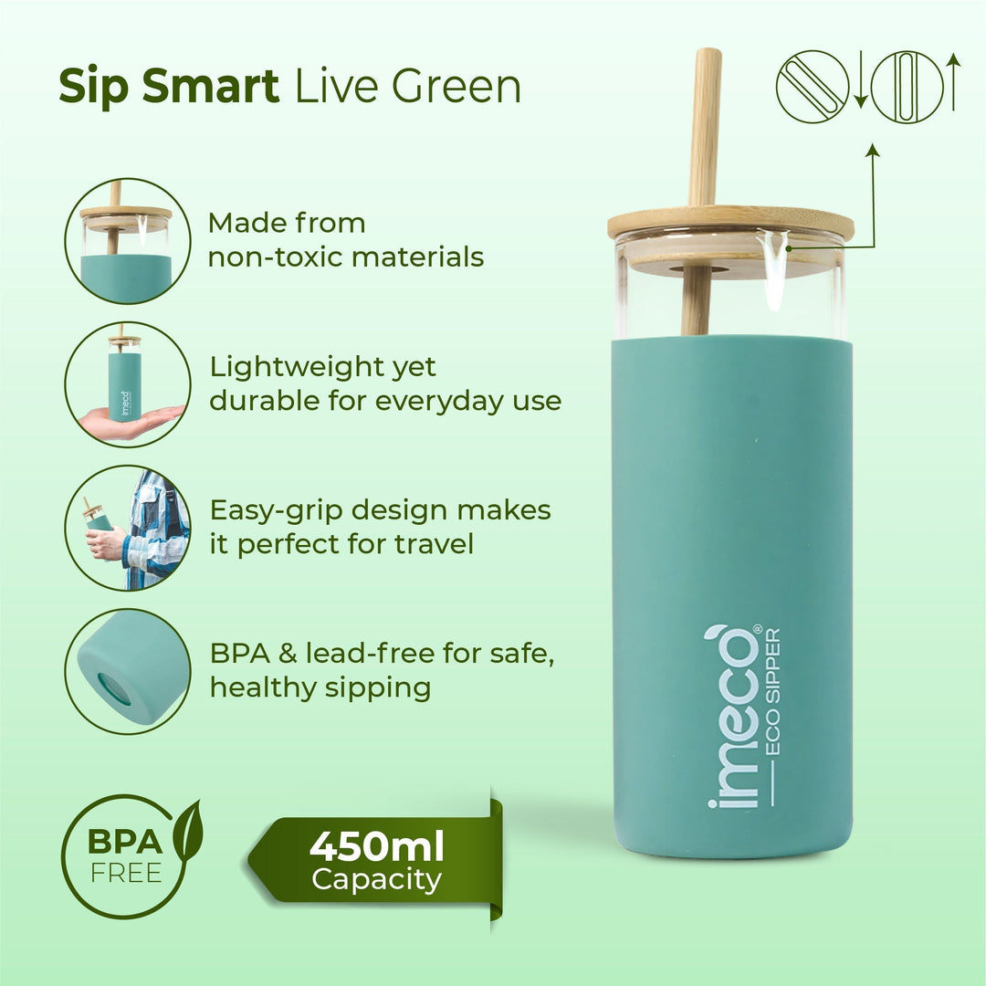 IMECO ECO-SIPPER Glass Sipper Bottle with Stylish Bamboo Lid & Straw - Leak & Sweat Proof 450 ml