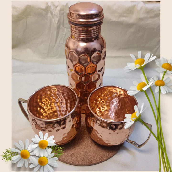 Copper Bottle With Mugs - Hammered