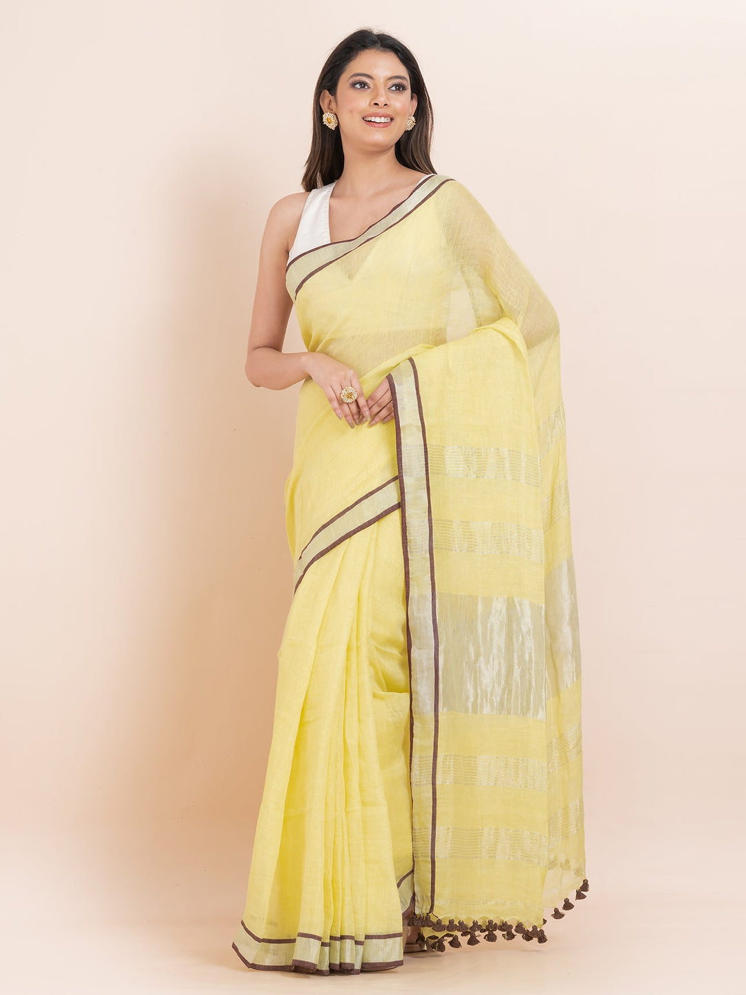 OCAU Saffron Kiss - Pure Linen Solid Saree With Contrast Border Without Blouse Piece l Golden Ochre