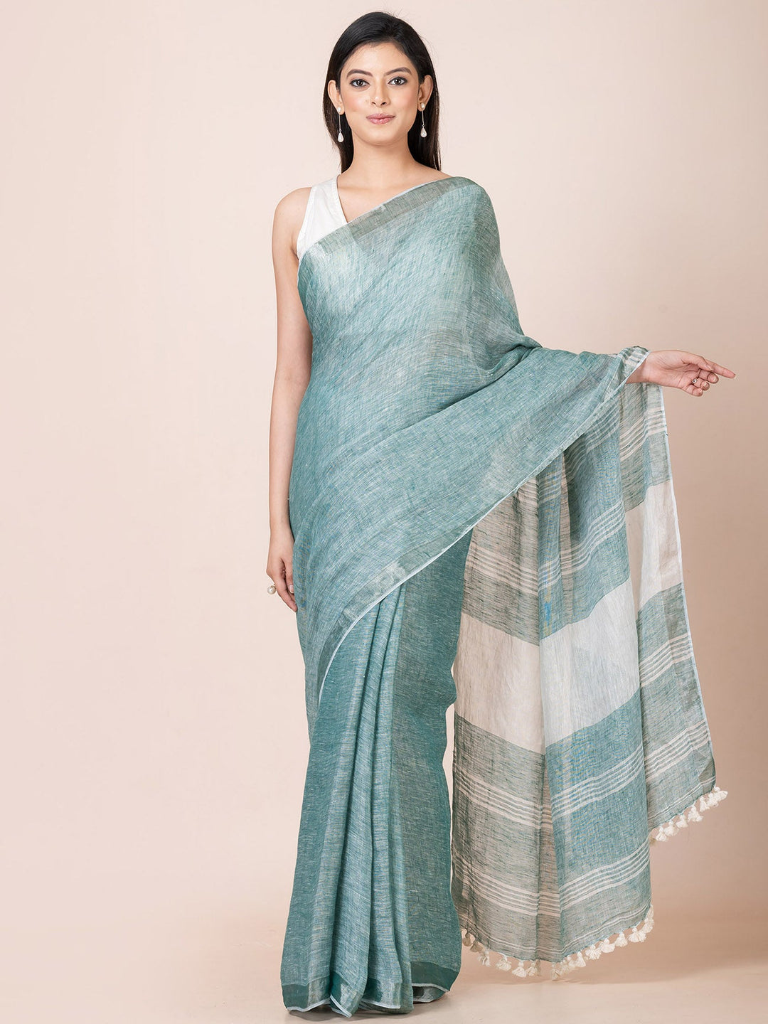 OCAU Ocean Mist - Pure Linen Solid Saree With Zari Border Without Blouse Piece l Teal