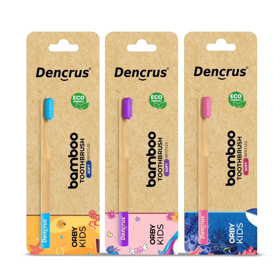 Dencrus Orby Kids Bamboo Toothbrushes - Pink, Lavender & Blue (Pack of 3)