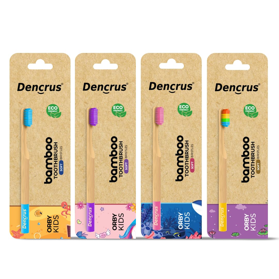 Dencrus Orby Kids Bamboo Toothbrush - Pink, Lavender, Blue & Rainbow (Pack of 4)