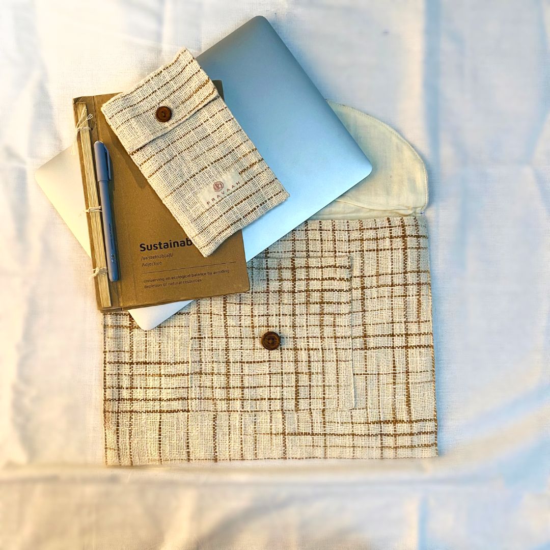 Pravaah Pai laptop sleeve | hemp cotton blend | washable | fits 11”-13” screen laptops | beige and brown