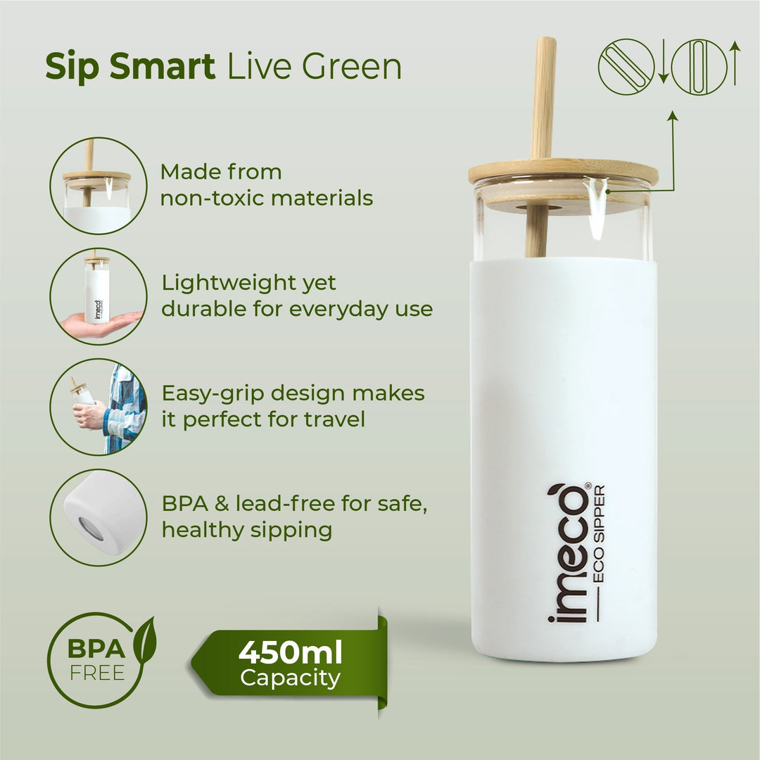 IMECO ECO-SIPPER Glass Sipper Bottle with Stylish Bamboo Lid & Straw - Leak & Sweat Proof 450 ml