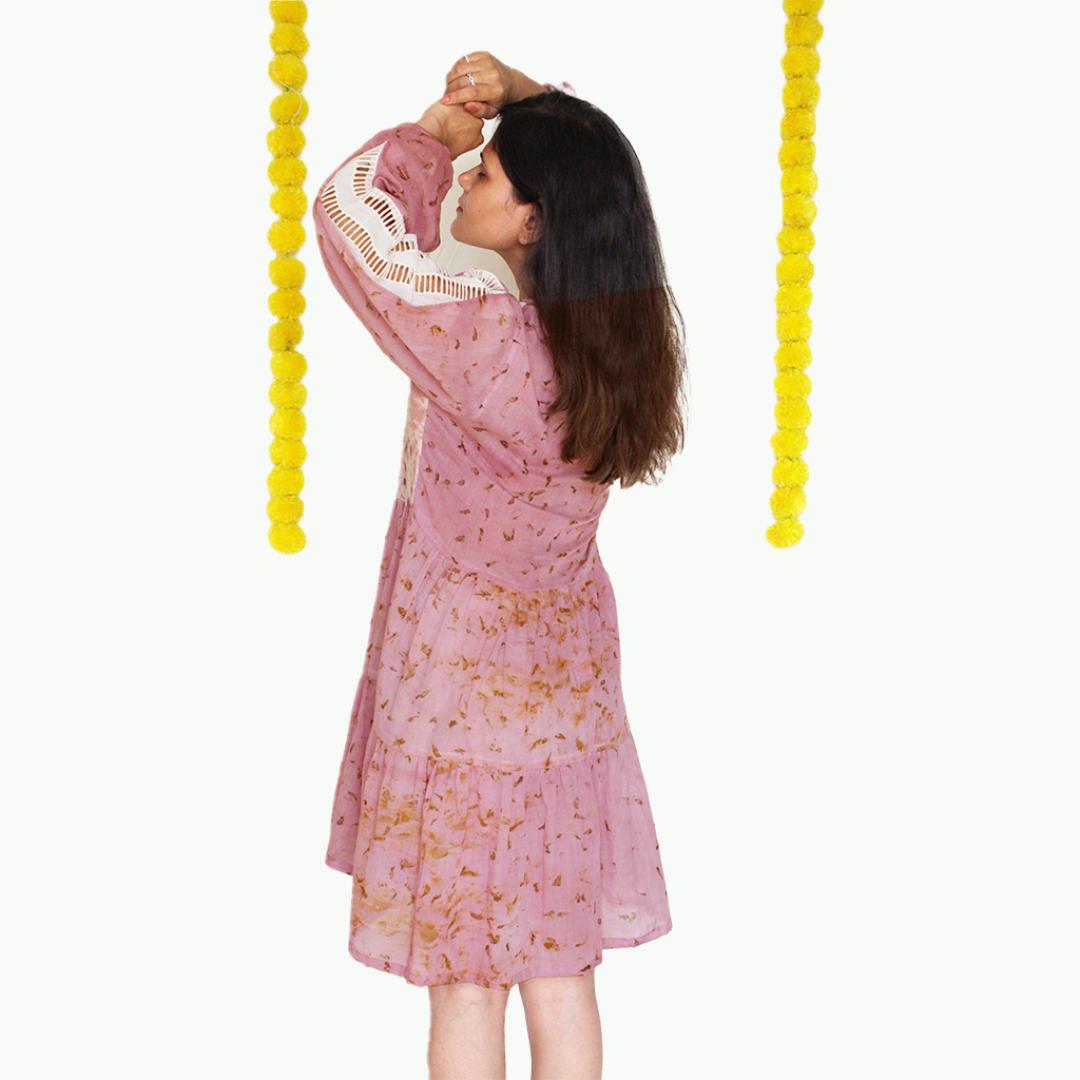 Bageeya “Aoi” Natural Dyed Pure Mul Tiered Dress | Crafted with Lac, Marigold and Detailed with Lace