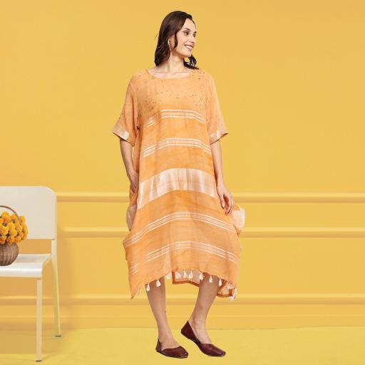 Bageeya "TESU" Handwoven slub cotton Cowl Dress | Crafted with Marigold and Manjishta| Detailed with Zari weave