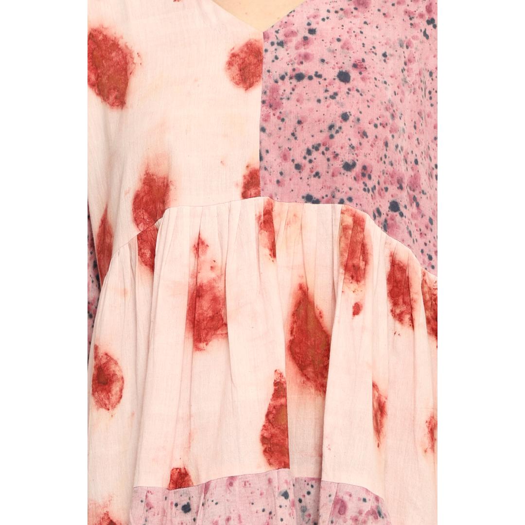 Bageeya “Comet” Natural Dyed Handwoven Organic Cotton Tiered Dress | Crafted with Lac and beel patra infused in manjishta and detailed with Gold zari