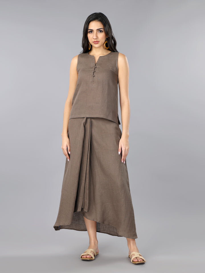 Gothilo Mocha Mousse Linen Top & Pleated Skirt Set
