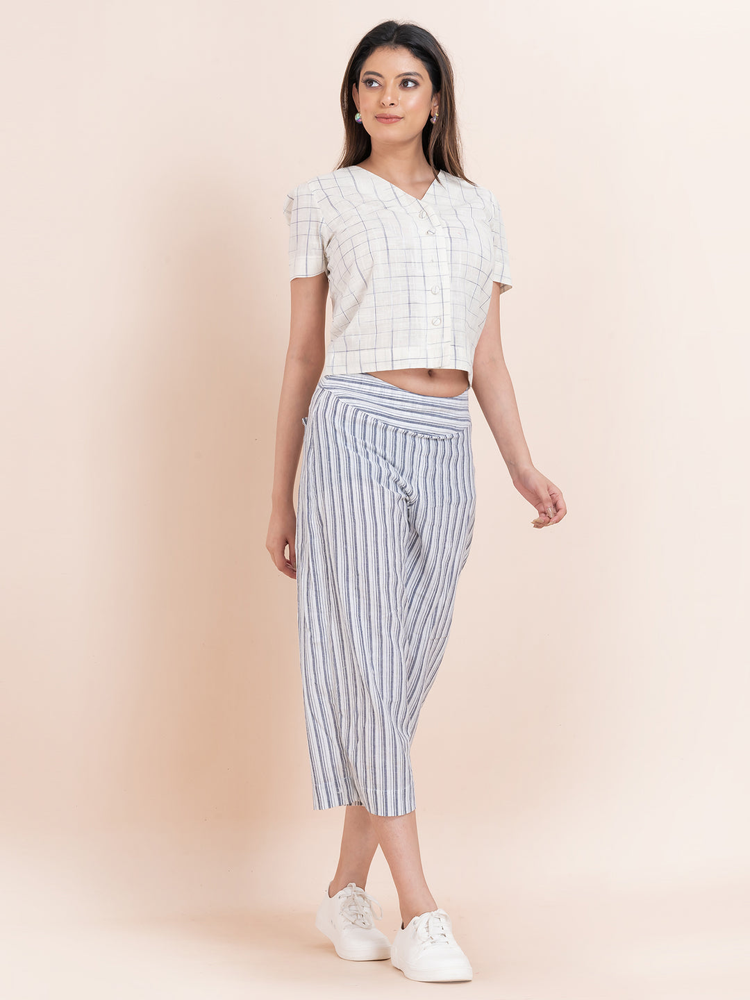 OCAU Basic Striped Wide Leg Cropped Pant - White and Blue Striped