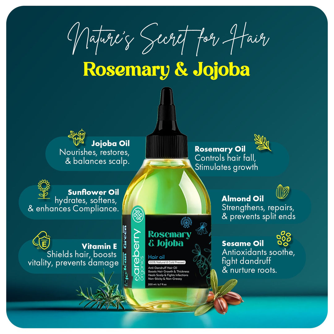 Careberry 100% Organic Rosemary & Jojoba Anti Dandruff Hair Oil, 100% Natural & Cold Pressed, Ayush Certified Ayurvedic 200ml