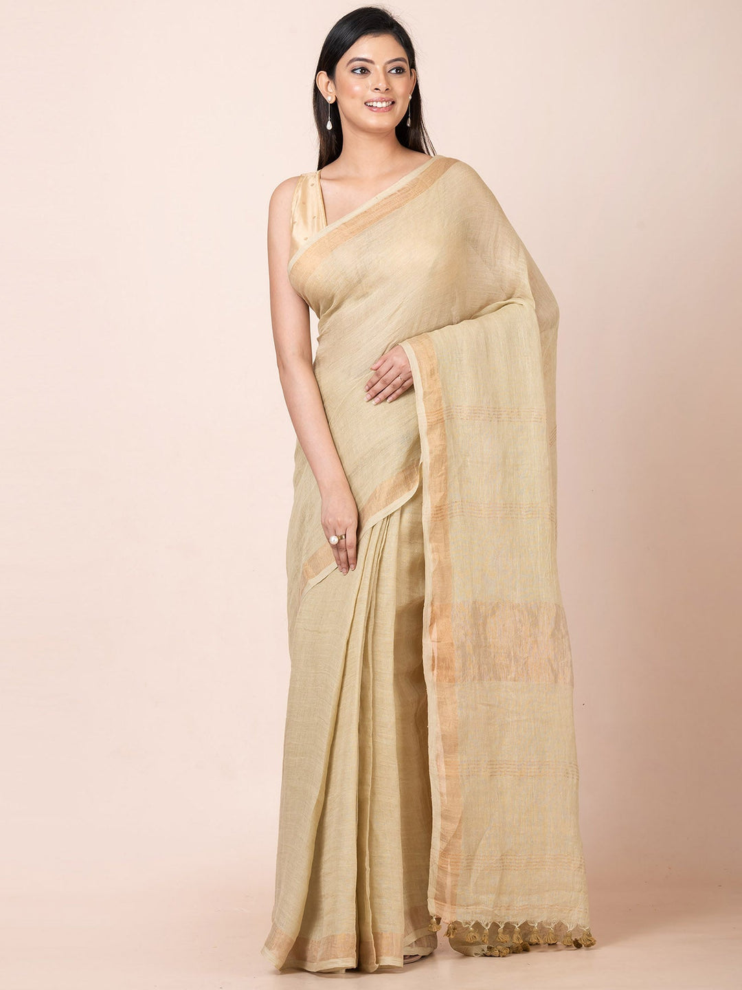 OCAU Desert Bloom - Pure Linen Solid Saree With Zari Border Without Blouse Piece l Tan