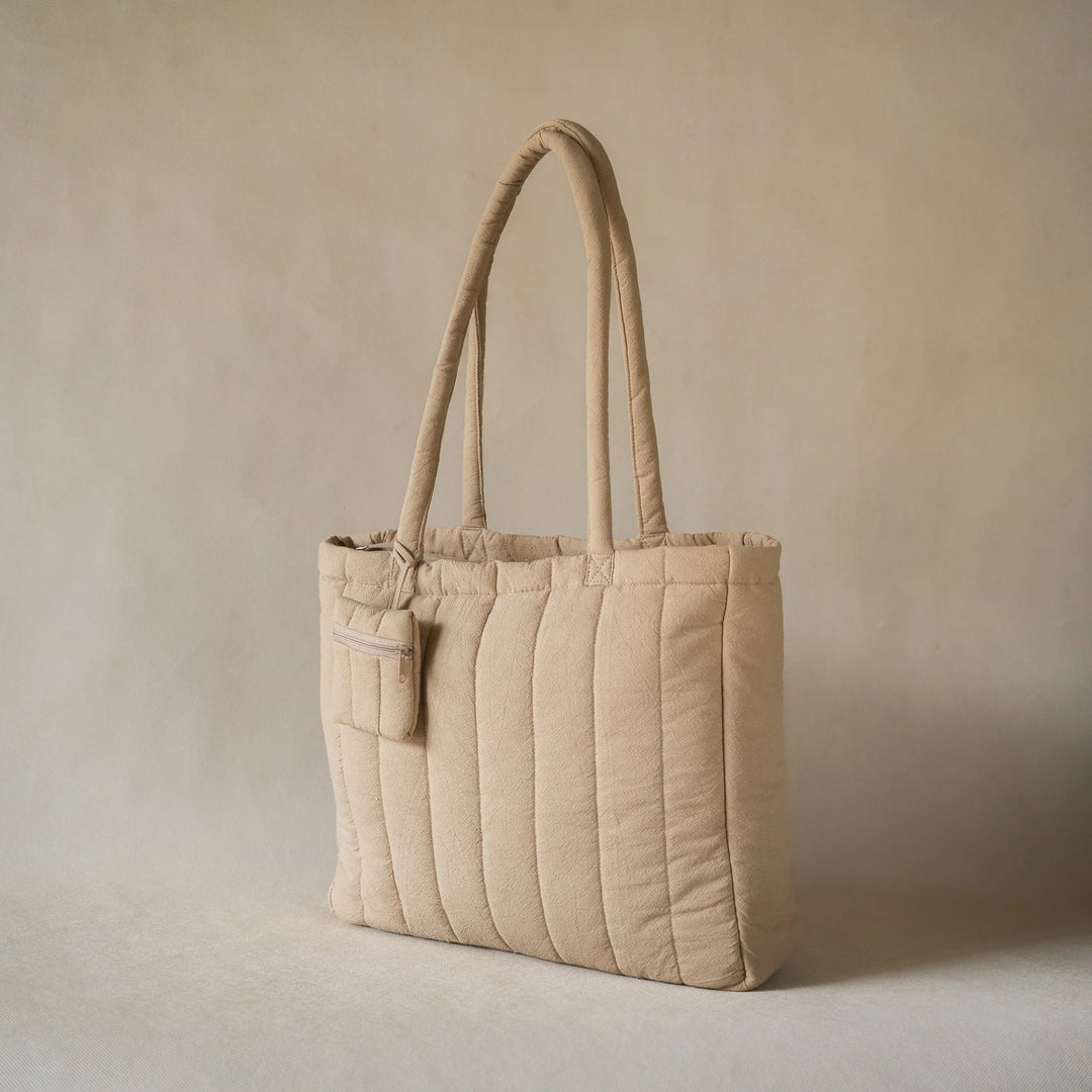 Akiiko Crinkle Stripe Tote Bag | Quilted Cotton, Laptop Compartment, Wheat