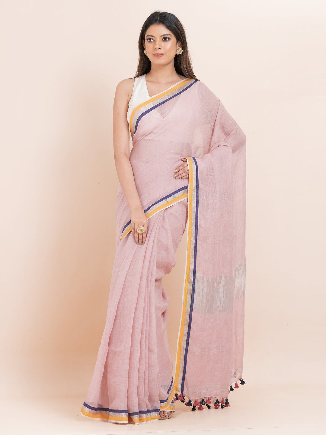 OCAU Rosy Bliss - Pure Linen Solid Saree With Contrast Border Without Blouse Piece l Rose Pink