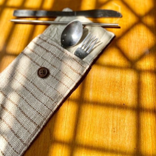 Pravaah Pai - beige and brown handwoven pouch | hemp cotton blend