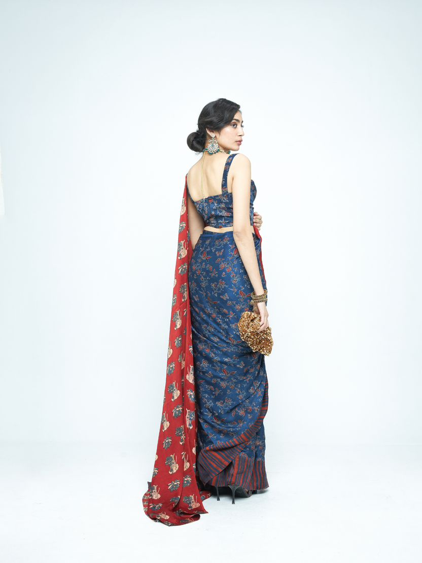 Anushé Pirani Eden Saree | Ajrakh Print Modal | Indigo & Terracotta, Pre-Stitched Option
