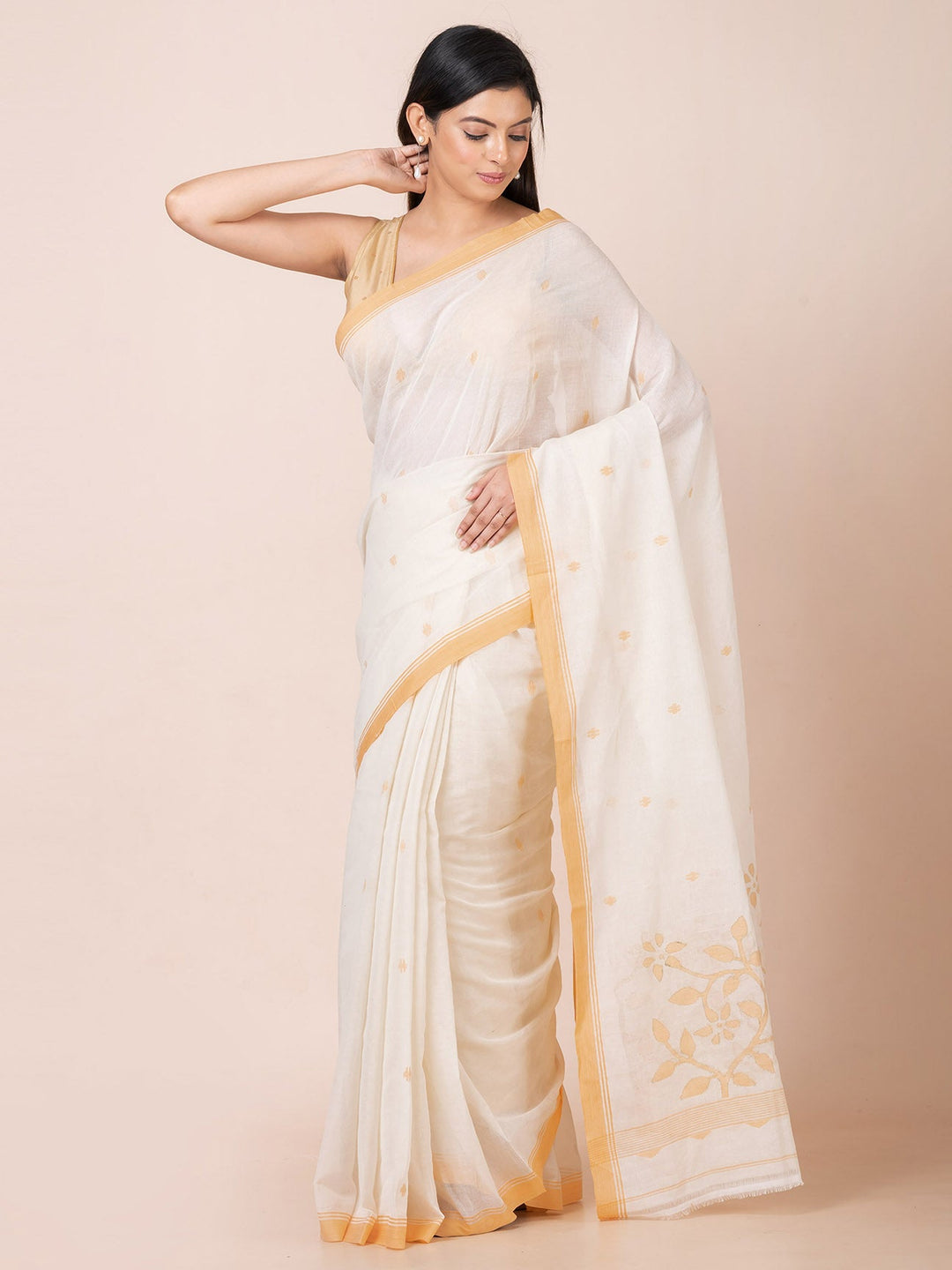 OCAU Vanilla Charm - Pure Cotton Saree With Jamdani Motifs Without Blouse Piece l Off - white