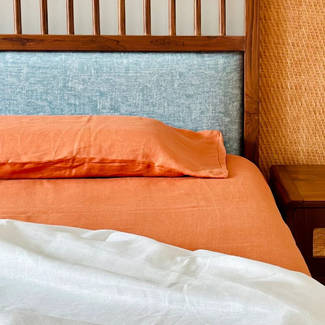 Pravaah Rust Orange Hemp Bedsheet Set | Herringbone Weave - Sawera