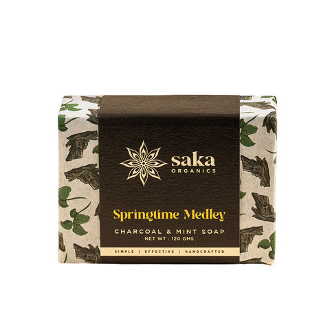Saka Organics - Springtime Medley | Handmade Charcoal & Mint Soap with Exfoliating Scrub | Natural Spa Bar for Normal Skin - 120gm