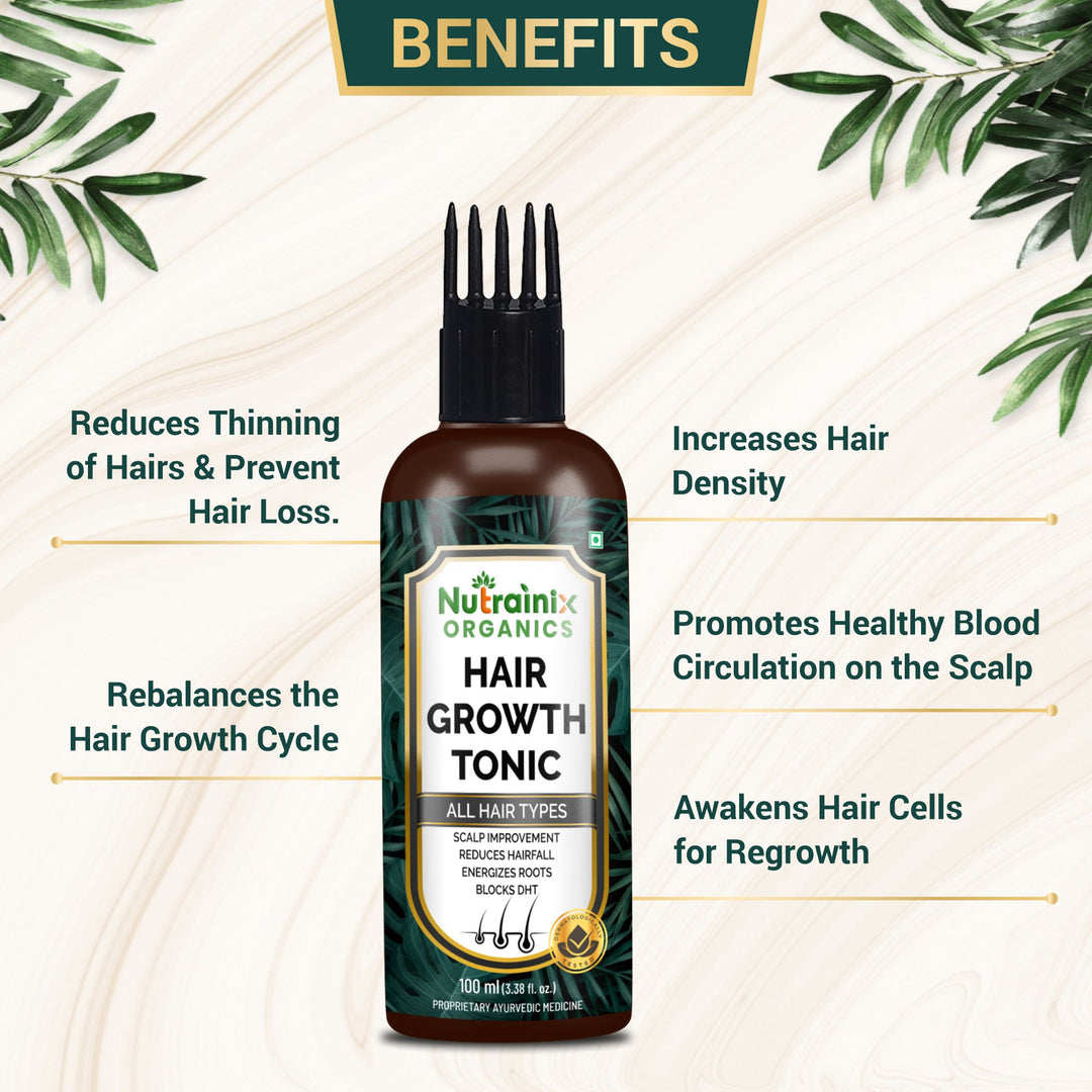 Nutrainix Organics Ayurvedic Hair Revival Tonic Scalp Elixir for Thicker, Stronger Hair – Comb Applicator Included - 100 ml