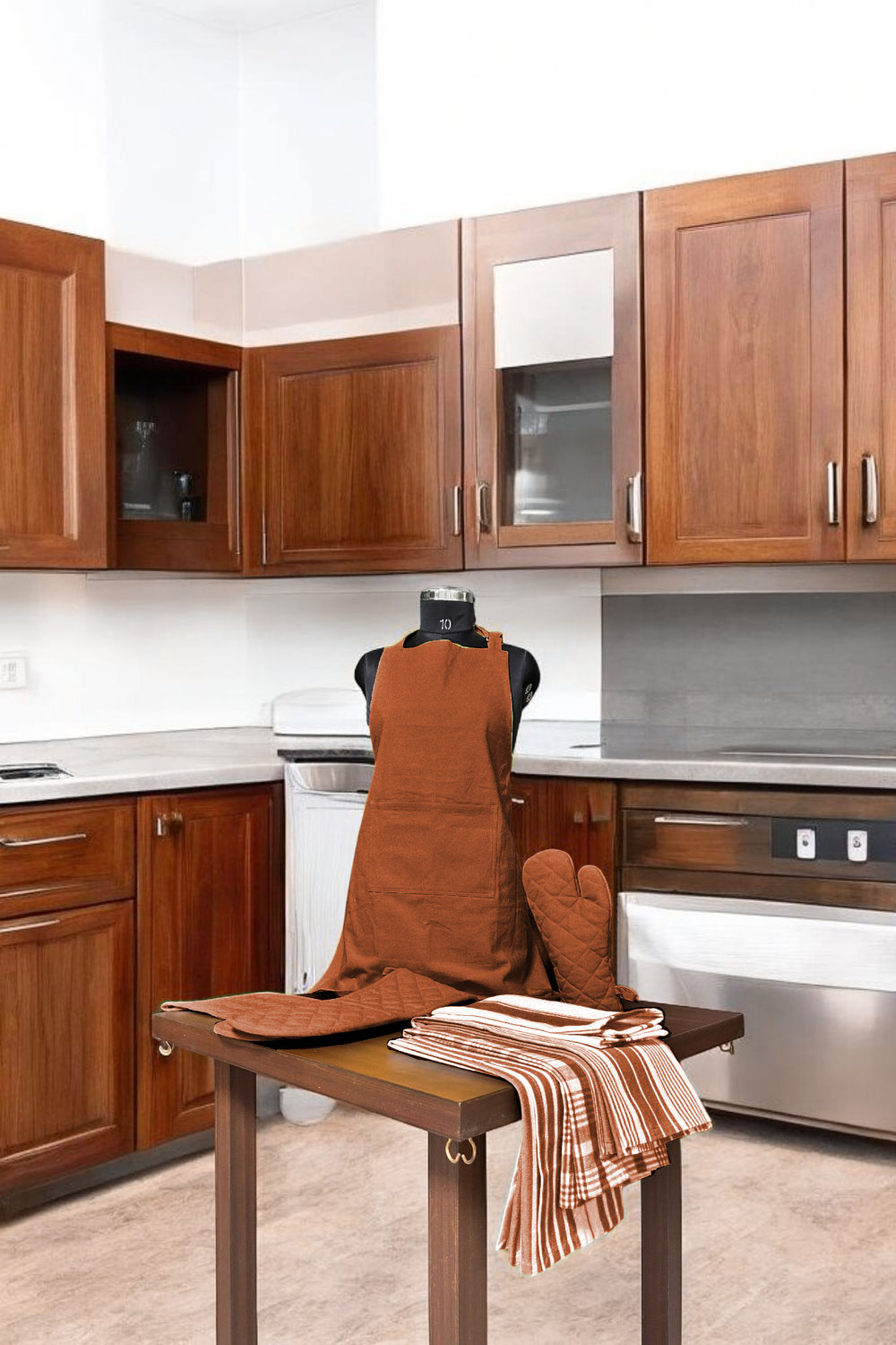 Country Village - Kitchen linen set ( Apron , Mittens , Kitchen towels)