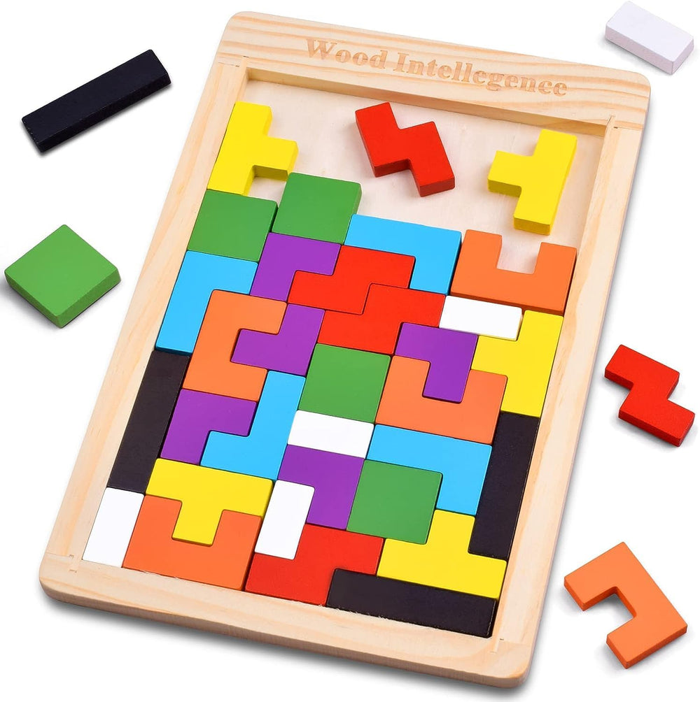 Wudly Toys Wooden Basic Russian Block Puzzle | Tetris Style, 10mm Blocks