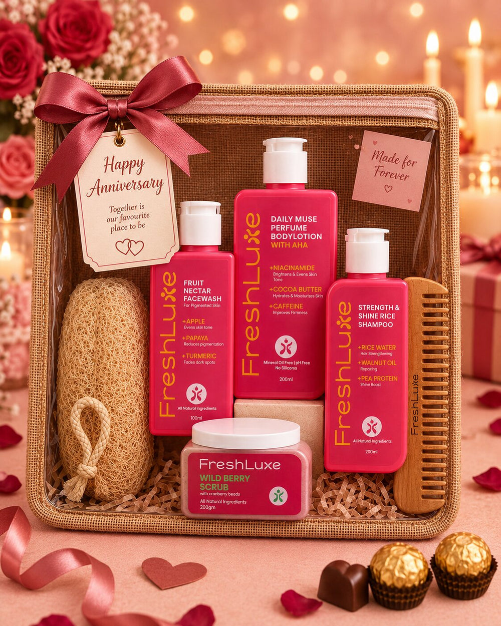 FreshLuxe Anniversary & Wedding Gift Hamper for Women - Gift for Wife | Box, Basket & Anniversary Hamper for Her | Skin Care & Self Care Kit - 4-Piece Set
