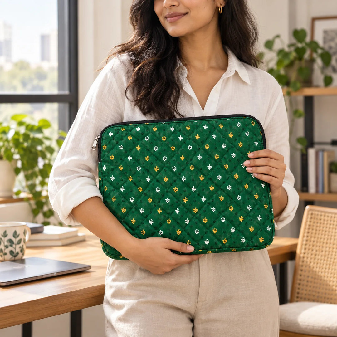 Pravaah Punh Quilted Cotton Laptop Sleeve with Zip Pocket, Assorted Prints