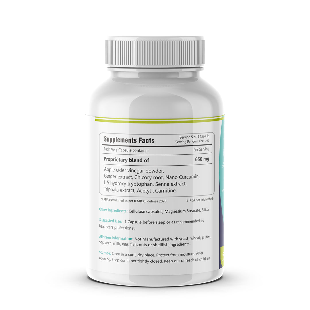 "FM Nutrition Happy Bowels I Natural Prokinetic & laxative I Apple cider vinegar + Ginger extract +Chicory root+Tripahala + L hydroxy tryptophan I Constipation relief I Happy Mood I 60 Capsules"