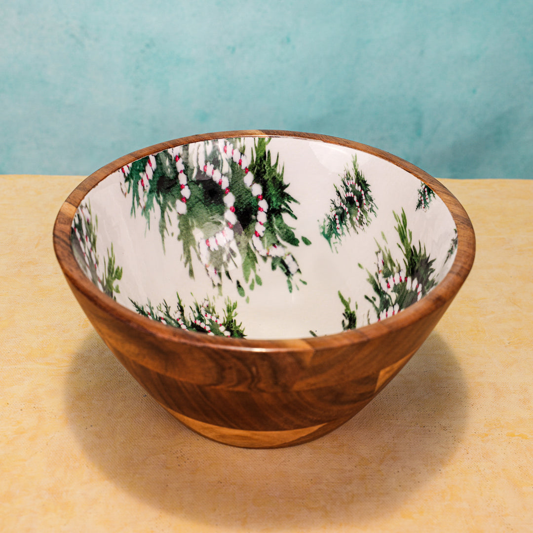 Ireka Homes Handcrafted Evergreen Serving Bowls - Multipurpose Acacia Wood Bowls With Enamel - Durable Bowls for Serving Food, Snacks, and Desserts (8 inches)
