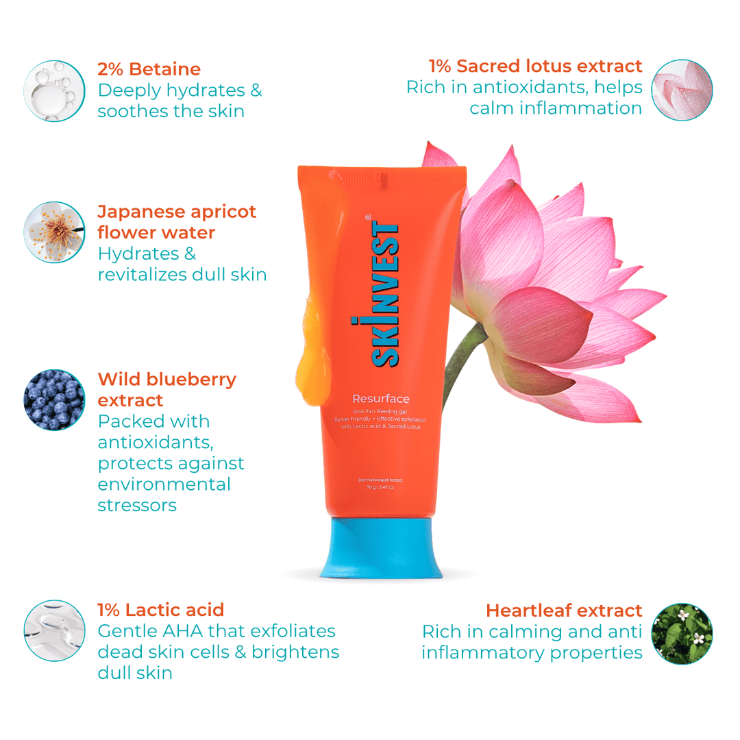 Skinvest Resurface Anti-Tan Peeling Gel with 1% Lactic Acid & Soothing Botanicals | Peels Away Tan, Brightens Skin, Smoothens Texture | Gentle for All Skin Types | Fragrance-Free | 70gm