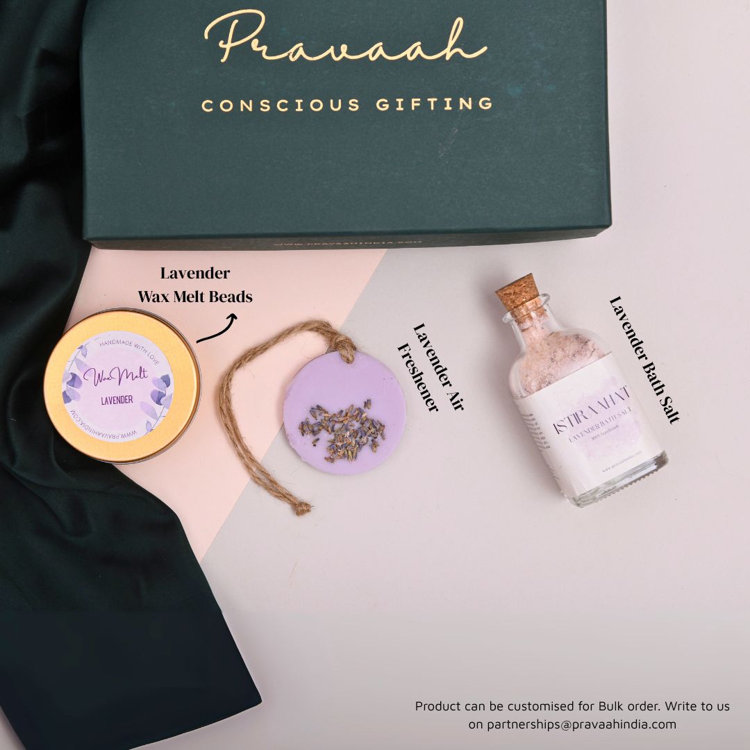 Luxury Rakhi Gift Hamper | Lavender Bath Salts, Soy Wax Air Freshener & Wax Melts | Handmade Self Care Gift Box for Brother & Sister | Pravaah