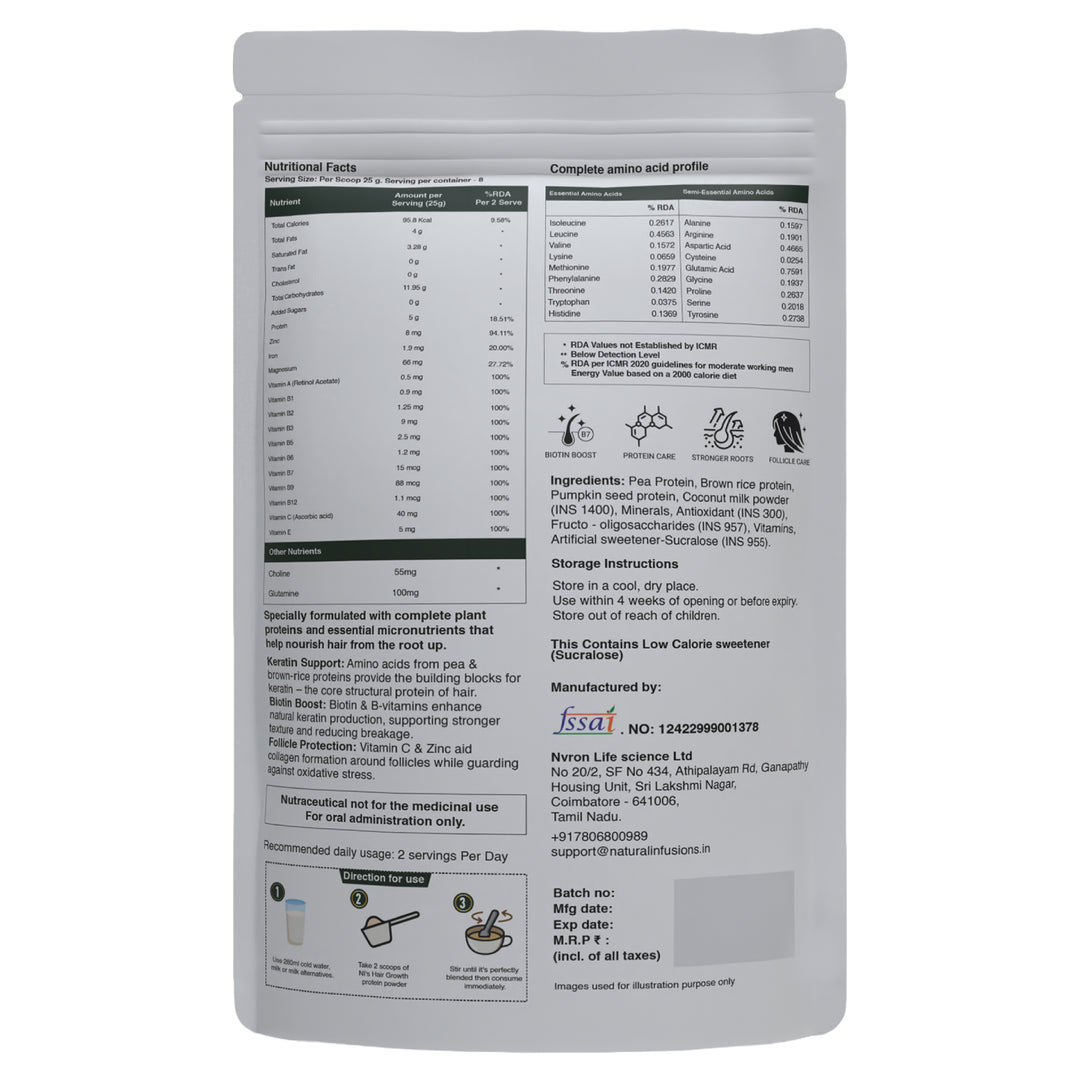 Natural Infusions Hair Growth Plant Protein Powder | Vegan, Soy-Free, Chocolate Flavour | 200g