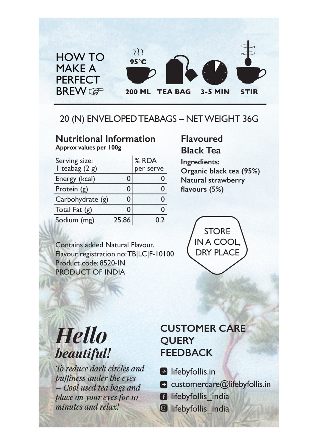 Life By Follis Sparkling Strawberry Black Tea | Natural Immunity Boosting Organic Tea Leaves | Organic Black Tea - 20 Tea Bags