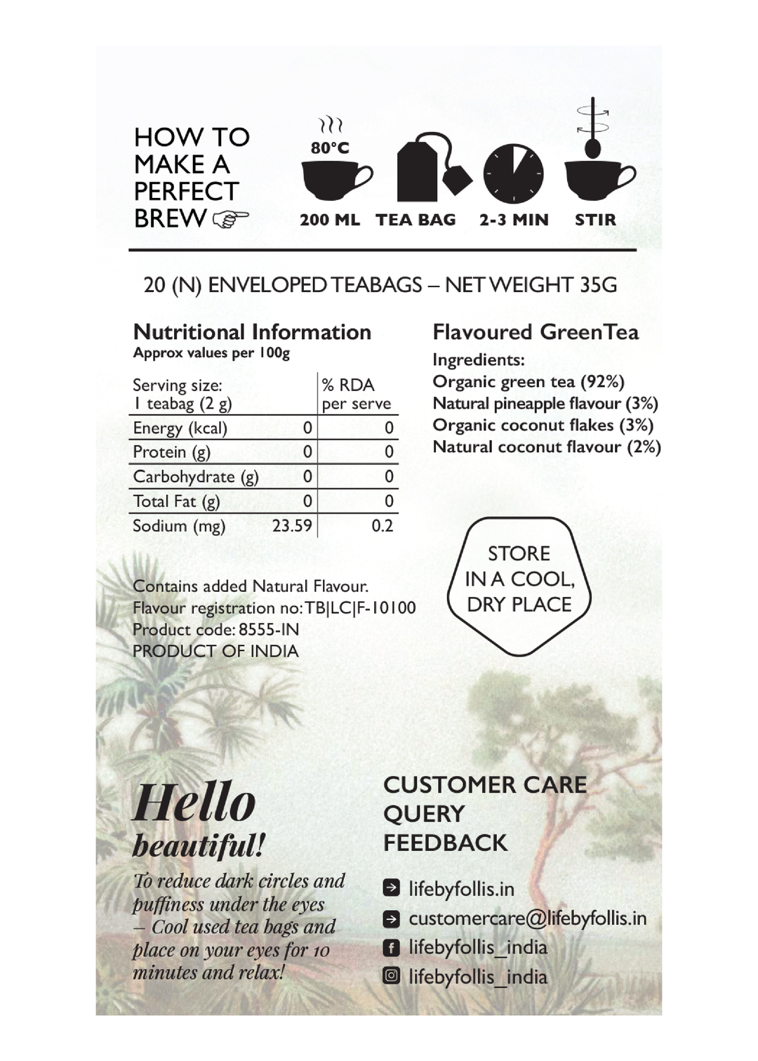 Life By Follis Coconut Pineapple Green Tea | Natural Immunity Boosting Organic Tea Leaves | Organic Black Tea - 20 Tea Bags