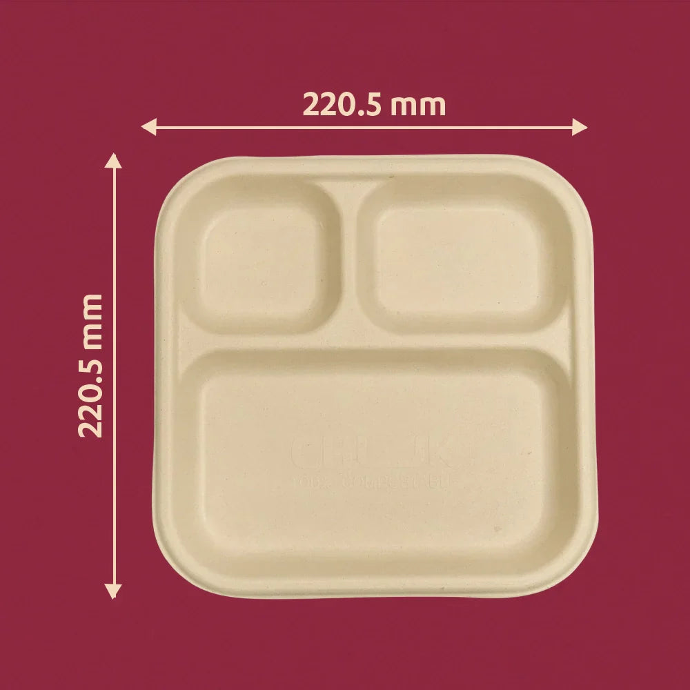 Chuk 3CP Sugarcane Bagasse Disposable Meal Plate - 25 pcs