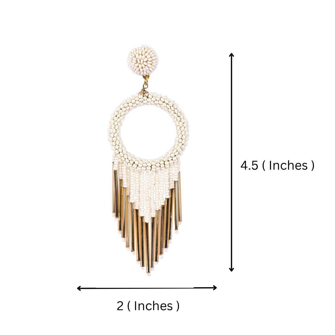 Bamboology Trends White Beaded Hoop Earrings with Gold Fringe – Elegant Statement Jewellery