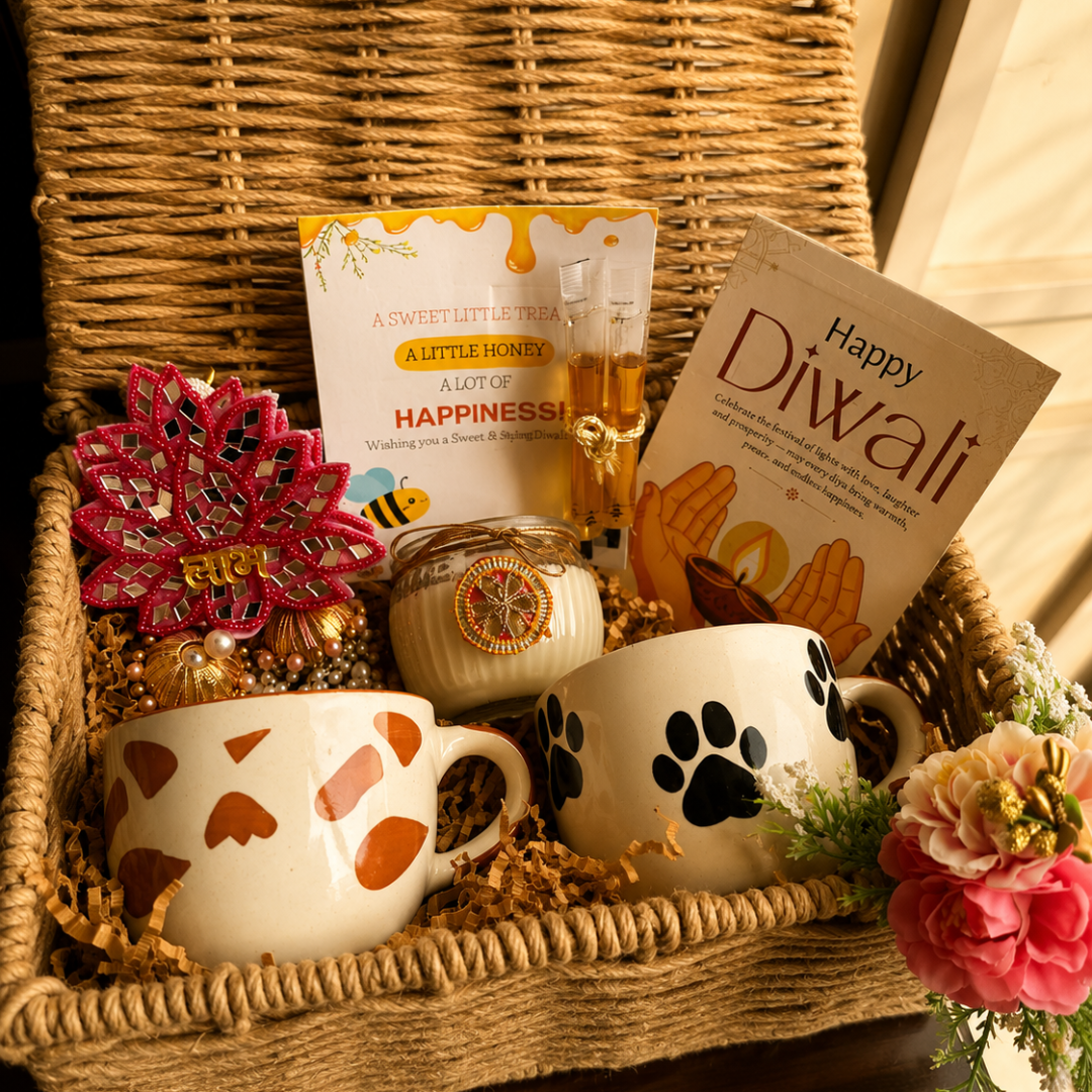 Paws & Panda Festive Mug Gift Hamper | Dog & Panda Mugs with Diwali Candle
