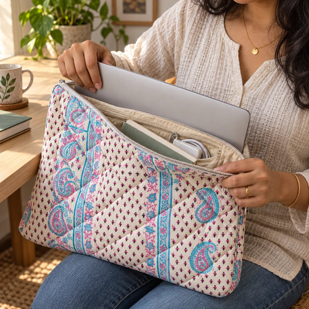 Pravaah Punh Quilted Cotton Laptop Sleeve with Zip Pocket, Assorted Prints