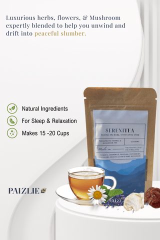 Paizlie SereniTea: 100% Natural Chamomile, Reishi Mushroom, Lion’s mane Mushroom, Lavender, Valerian, Lemon Balm, and Peppermint