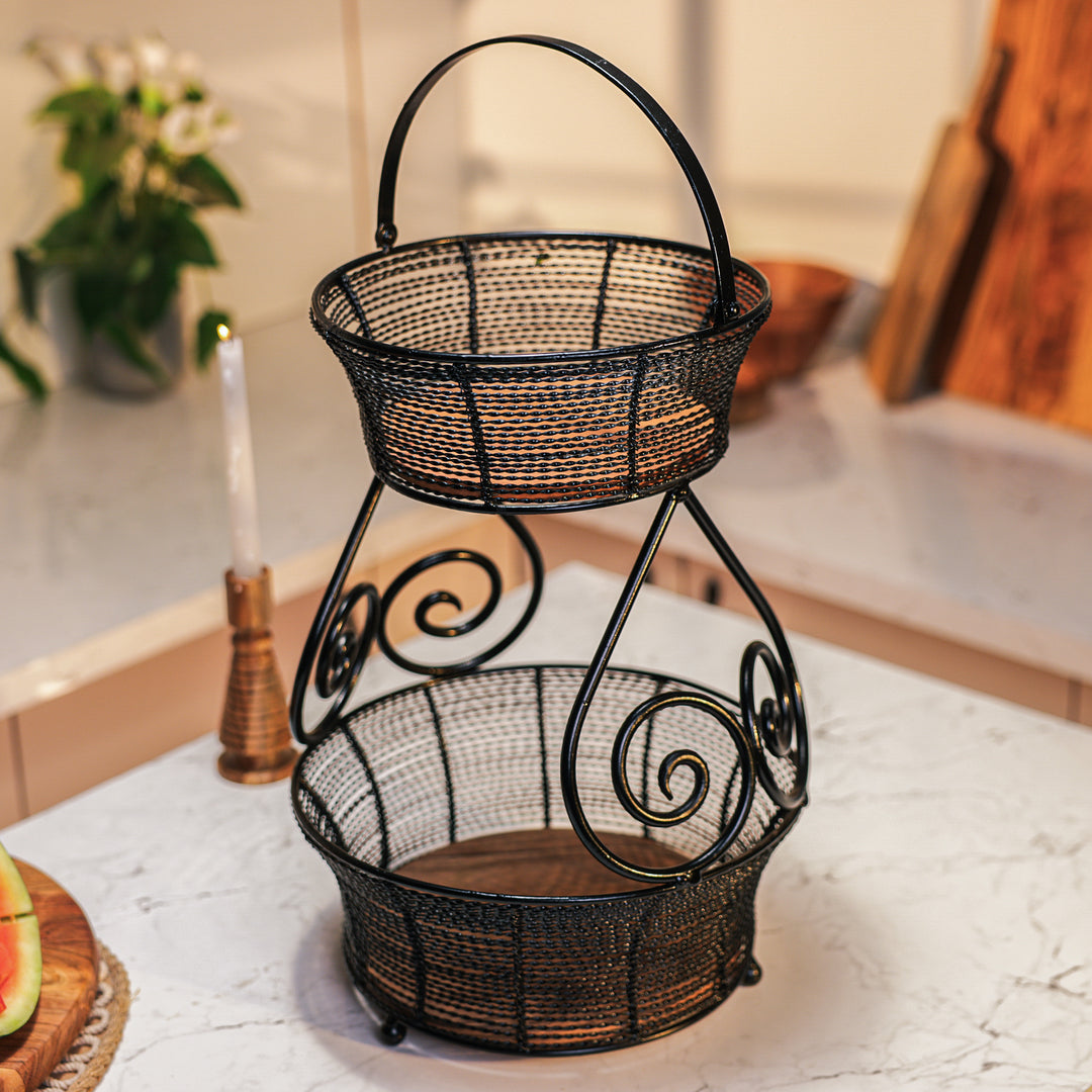 Ireka Homes Swirl Basket – Handcrafted Acacia Wood & Metal Storage Basket – Sturdy 2-Tier Organizer for Fruits, Vegetables & Kitchen Essentials
