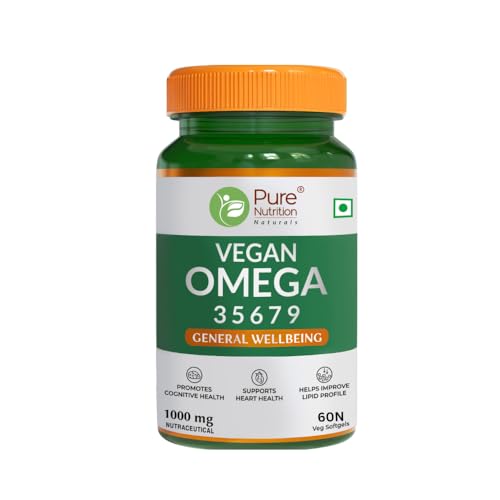 Pure Nutrition Vegan Omega 3-5-6-7-9 |60 Veg Softgels |Seabuckthorn, Flaxseed, Pomegranate Seed, Borage & Olive - 5 Oils for Heart Health, Good Lipid Profile & Lower Cholesterol Level