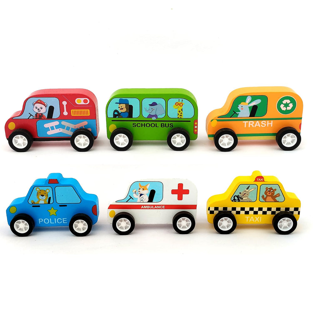 Wudly Wooden Car set (Police, Taxi , Fire fighter, School bus, Ambulance, Trash