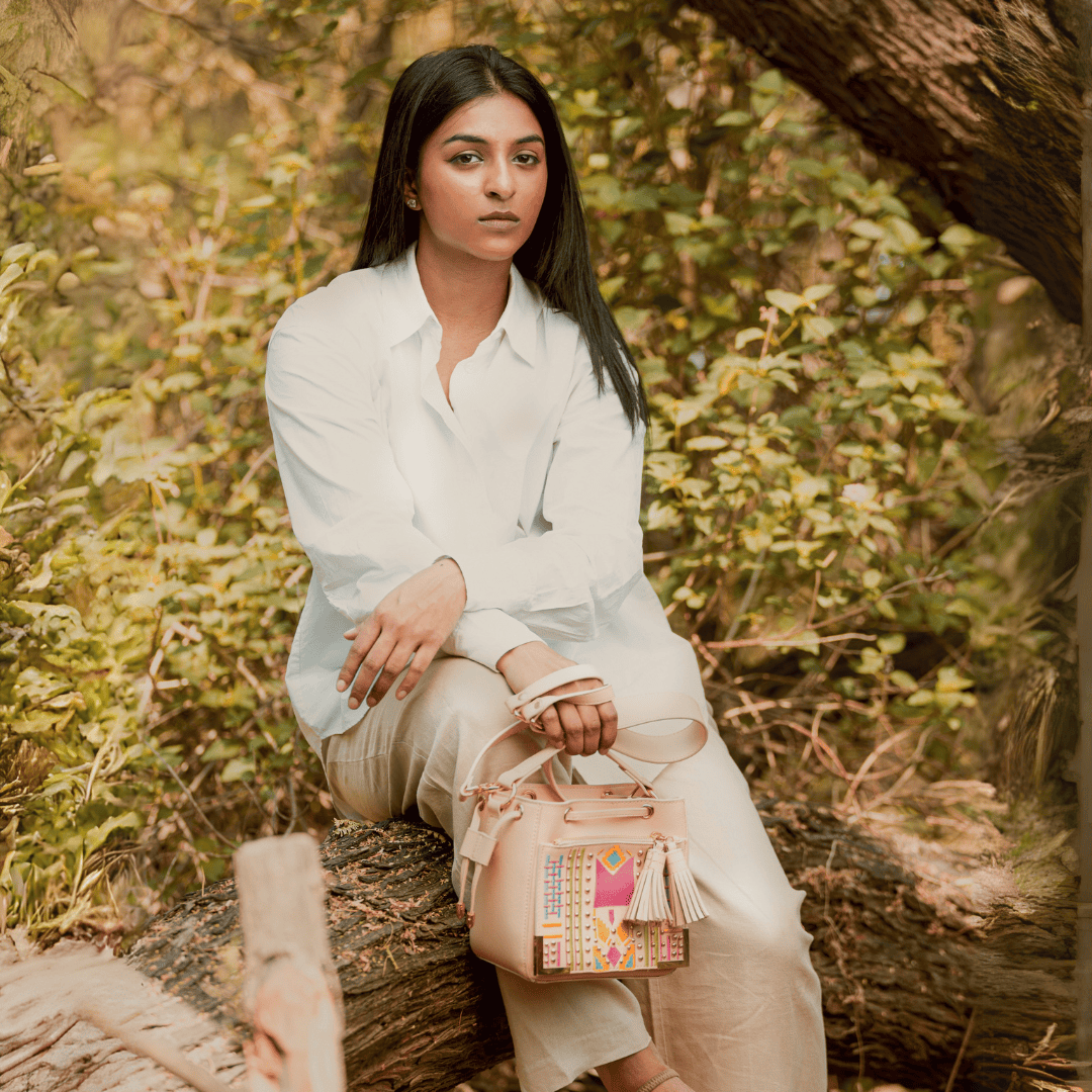 Green Hermitage Nora Vegan Leather Embroidered Sling Bag - Almond