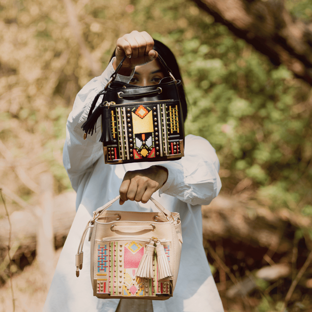 Green Hermitage Nora Vegan Leather Embroidered Sling Bag - Almond